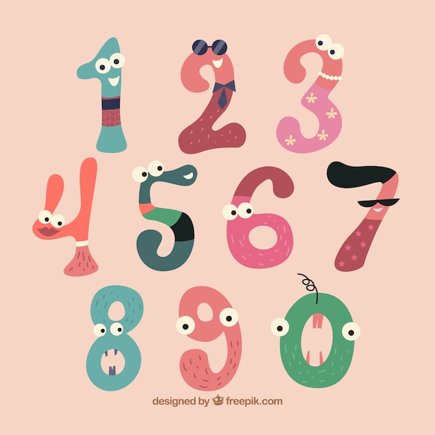 Vetor grátis coleção de números dos desenhos animados com personagens