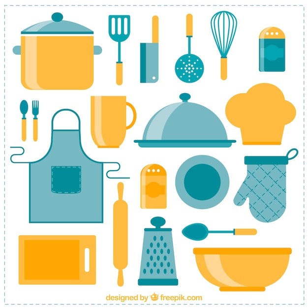 Vetor grátis coleção de objetos de cozinha em design plano