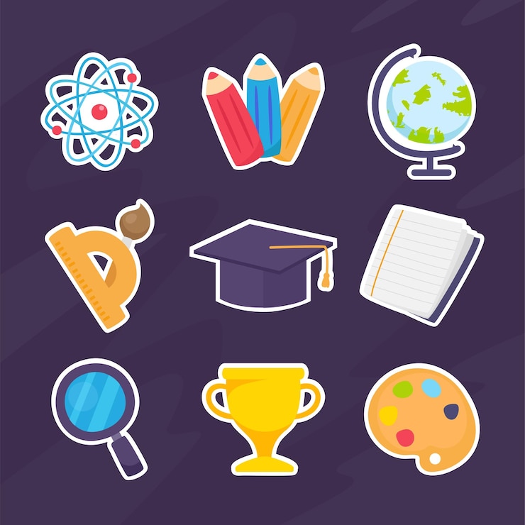 Vetor grátis coleção de objetos fofos ou itens para material escolar de crianças pequenas em estilo cartoon com ilustração vetorial de design plano de conceito de educação