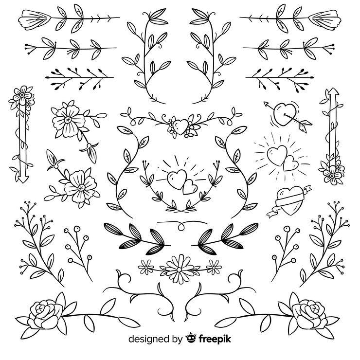 Vetor grátis coleção de ornamentos de casamento decorativos desenhados à mão