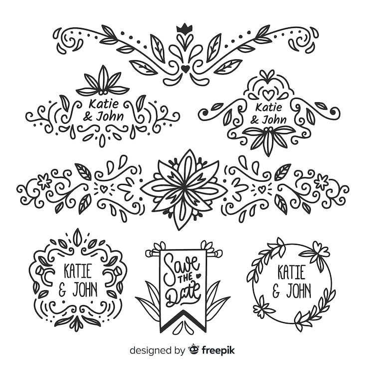 Vetor grátis coleção de ornamentos de casamento desenhados à mão