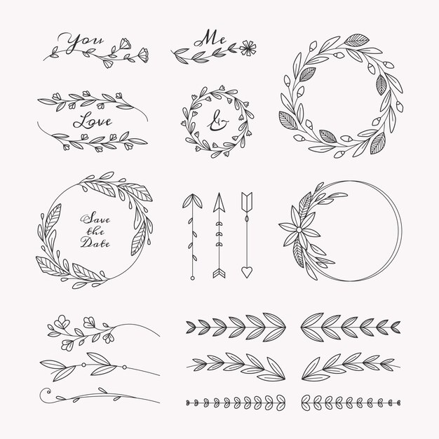 Coleção de ornamentos de casamento desenhados à mão