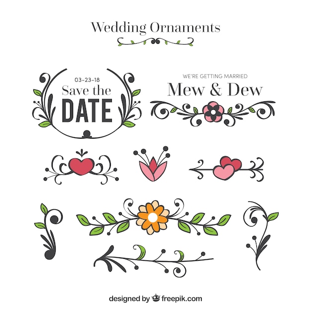 Coleção de ornamentos de casamento em design plano