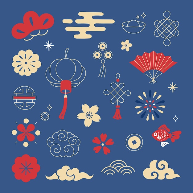 Vetor grátis coleção de ornamentos planos para celebração do ano novo chinês