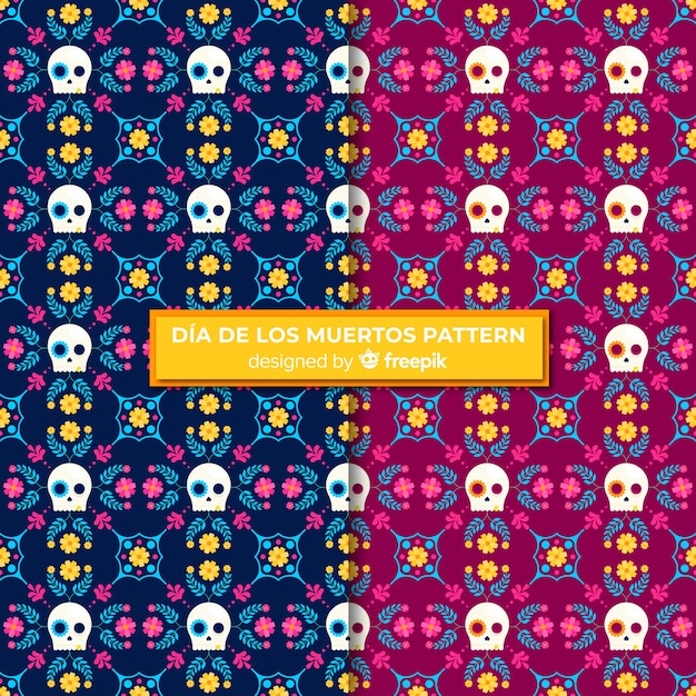 Coleção de padrão colorido día de muertos com design plano