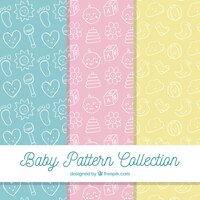 Coleção de padrões de bebê com brinquedos e roupas