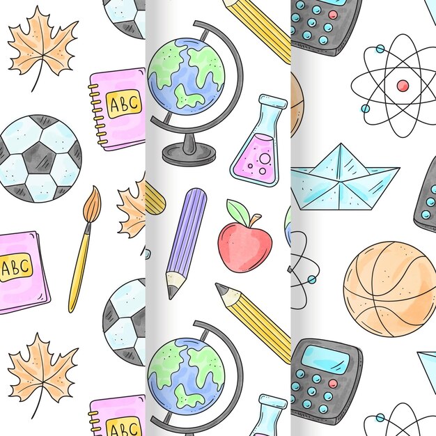 Coleção de padrões em aquarela de volta às aulas