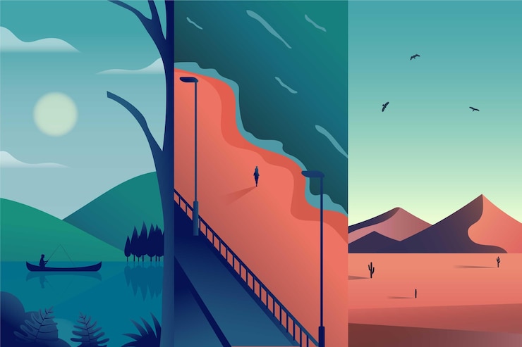 Vetor grátis coleção de paisagem diferente de design plano