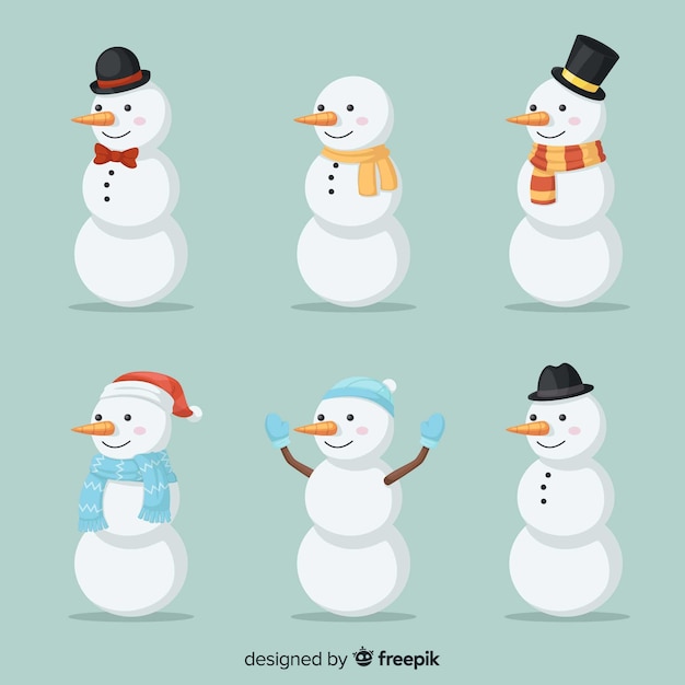 Vetor grátis coleção de personagem boneco de neve bonito em design plano