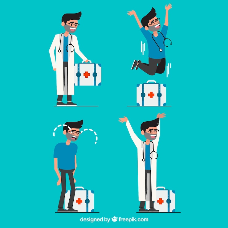 Vetor grátis coleção de personagem de médico com várias emoções