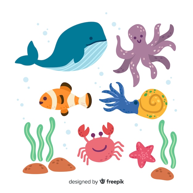 Vetor grátis coleção de personagens da vida marinha