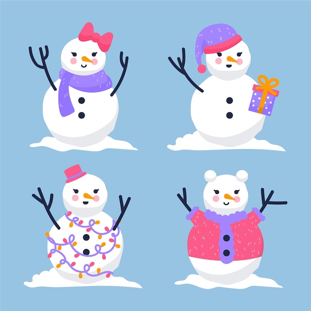 Coleção de personagens de boneco de neve de design plano