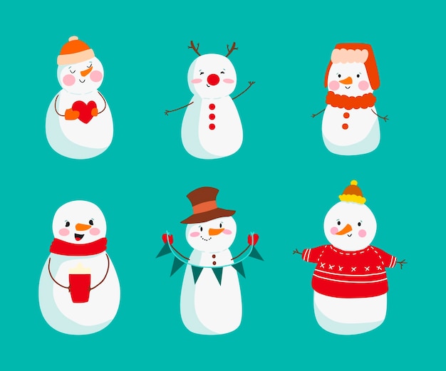 Coleção de personagens de boneco de neve de design plano