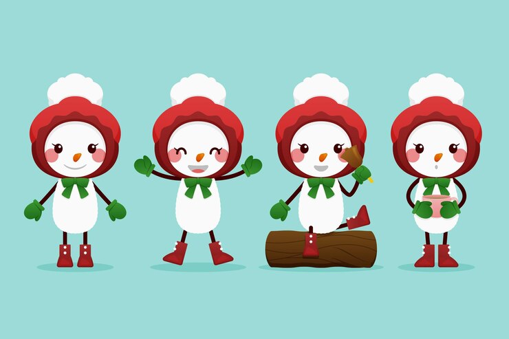 Vetor grátis coleção de personagens de boneco de neve de design plano