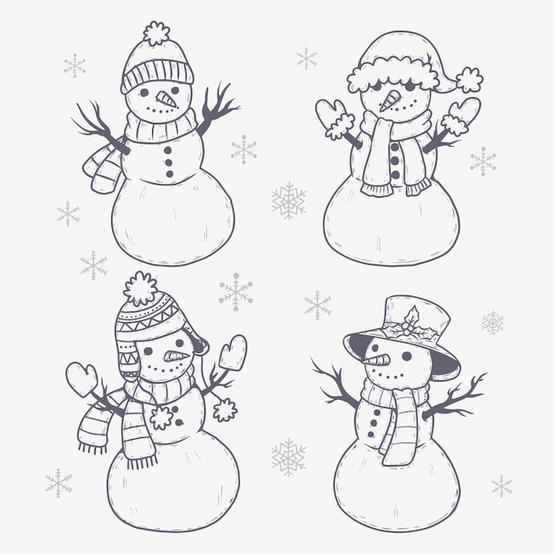 Vetor grátis coleção de personagens de boneco de neve desenhada à mão