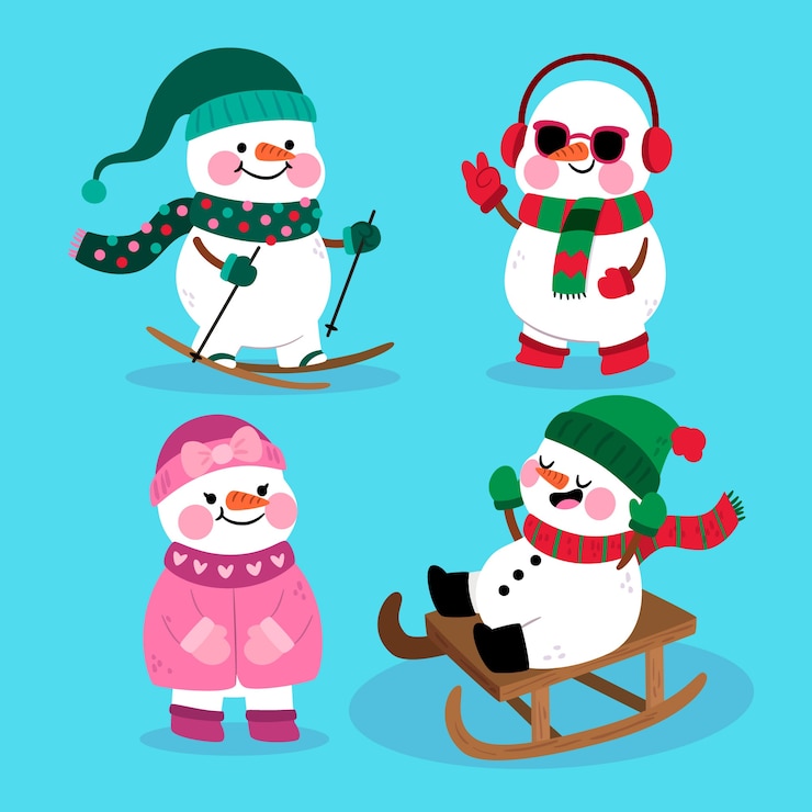 Vetor grátis coleção de personagens de boneco de neve em design plano