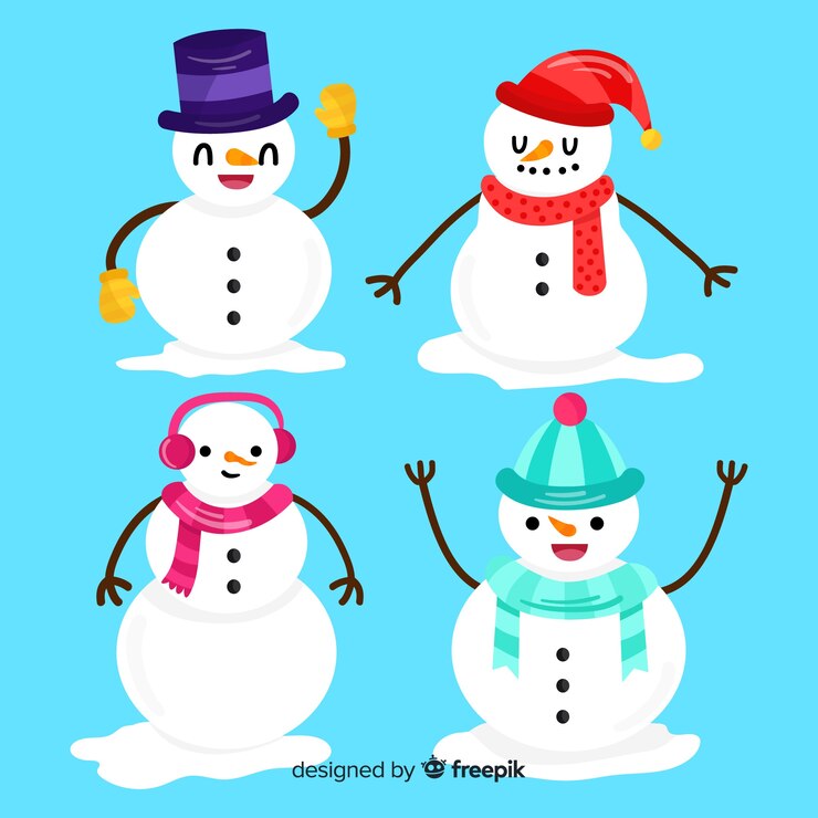 Vetor grátis coleção de personagens de boneco de neve plana
