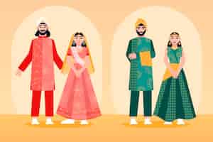 Vetor grátis coleção de personagens de casamento indiano