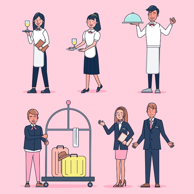 Coleção de personagens de catering grande conjunto ilustração plana isolada vestindo uniforme profissional, estilo cartoon sobre o tema do hotel