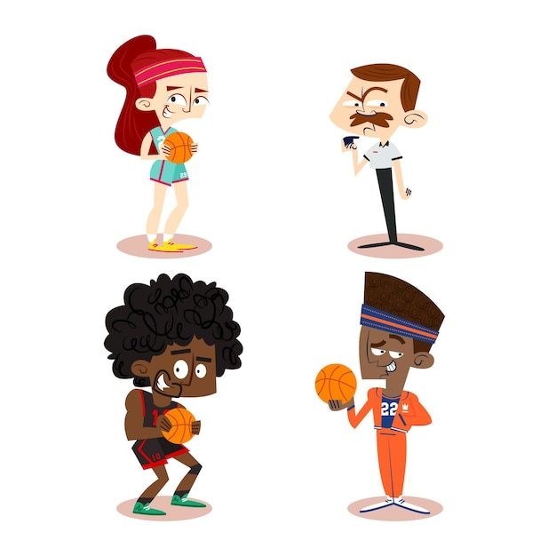 Vetor grátis coleção de personagens de desenhos animados retrô desenhados à mão com jogadores de basquete