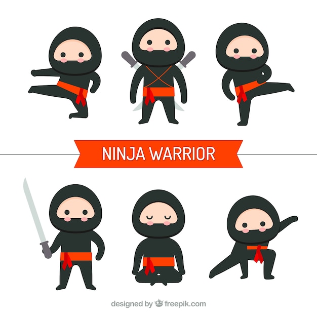 Vetor grátis coleção de personagens de guerreiro ninja com design plano