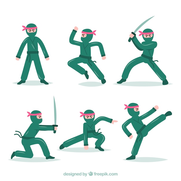 Coleção de personagens de guerreiro ninja com design plano