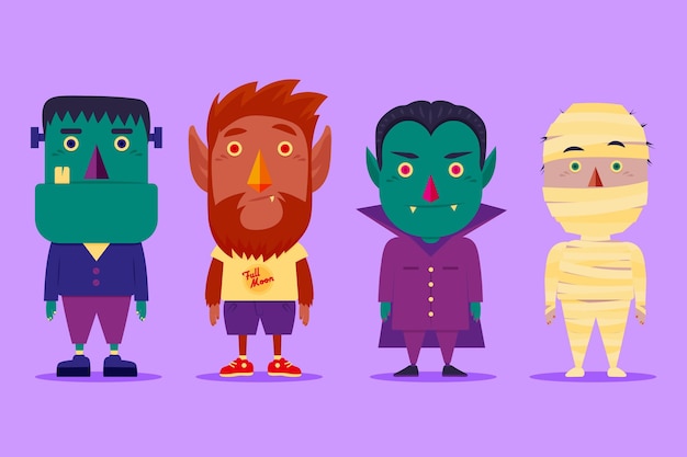 Vetor grátis coleção de personagens de halloween de design plano