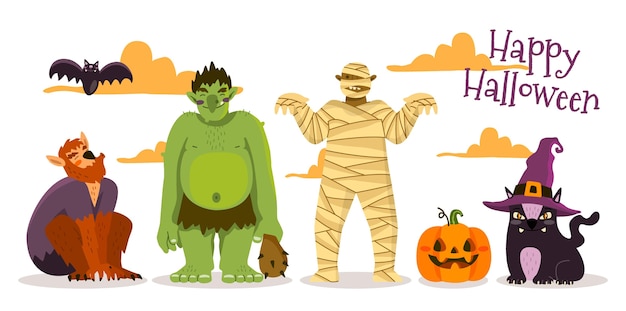 Coleção de personagens de halloween de design plano