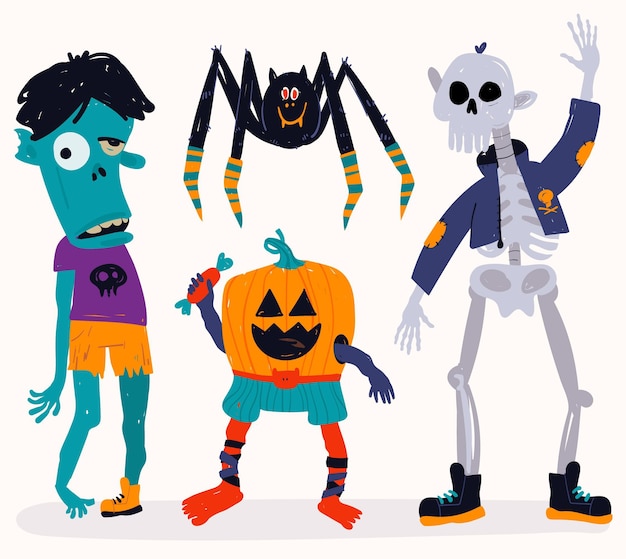 Coleção de personagens de halloween desenhada à mão