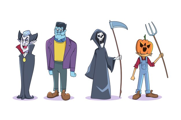 Coleção de personagens de halloween desenhada à mão