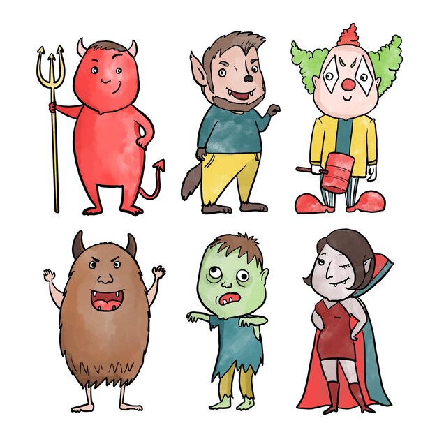 Coleção de personagens de halloween em aquarela