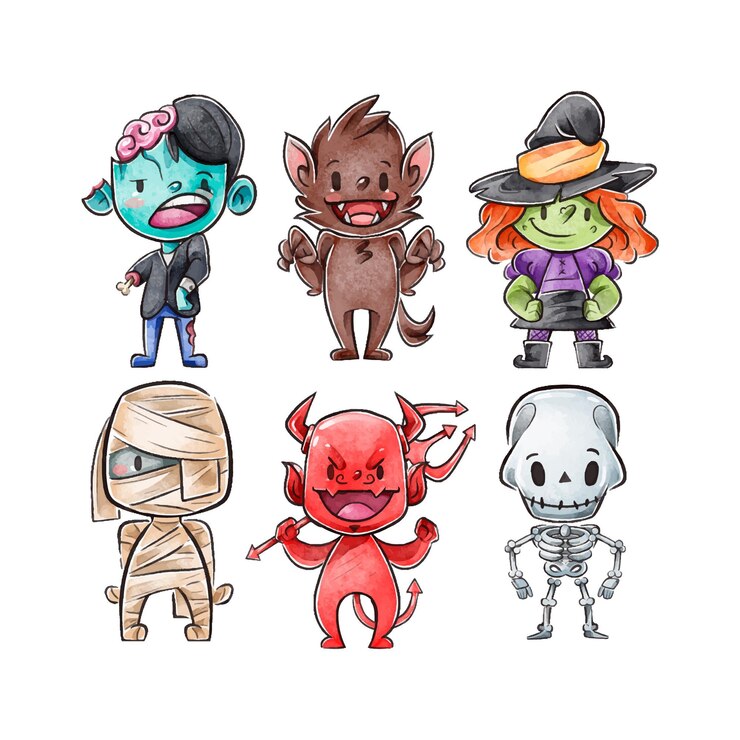 Vetor grátis coleção de personagens de halloween em aquarela