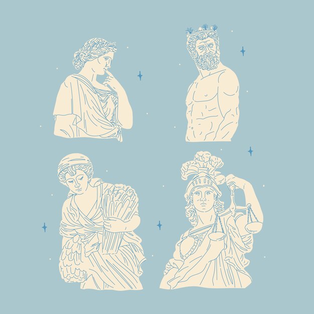 Coleção de personagens de mitologia grega de design plano desenhado à mão