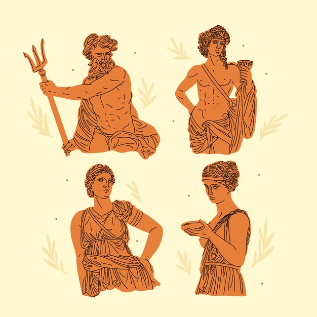 Coleção de personagens de mitologia grega de design plano desenhado à mão