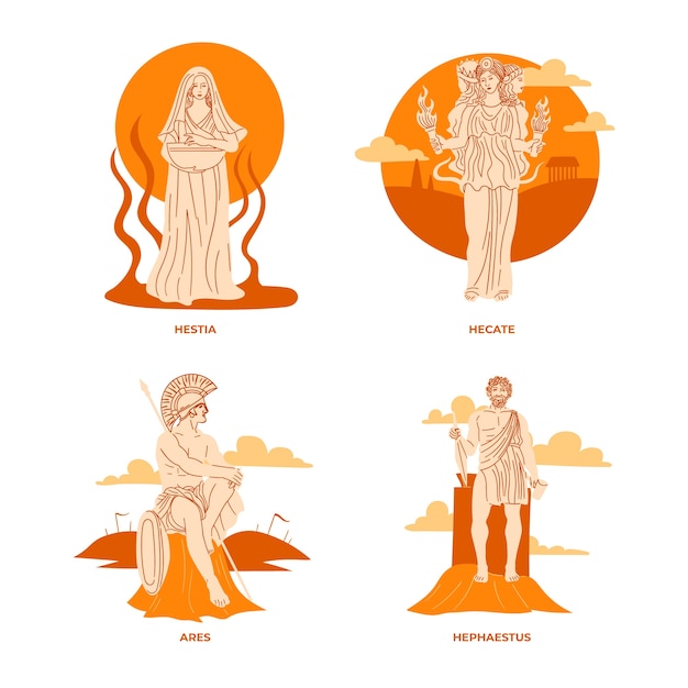 Coleção de personagens de mitologia grega de design plano desenhado à mão