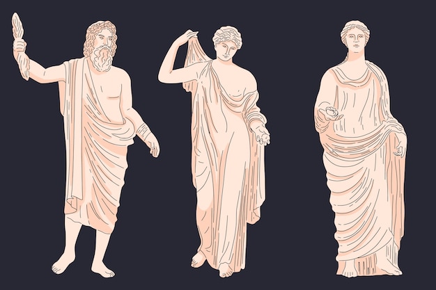Coleção de personagens de mitologia grega desenhada à mão