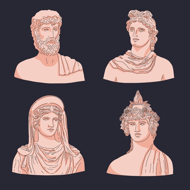 Coleção de personagens de mitologia grega desenhada à mão