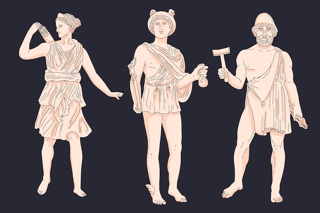 Coleção de personagens de mitologia grega desenhada à mão