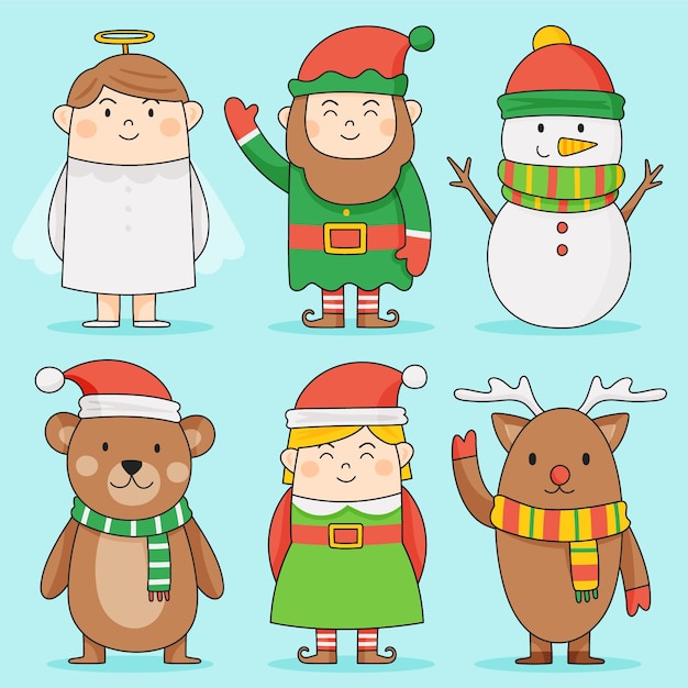 Coleção de personagens de natal desenhada à mão