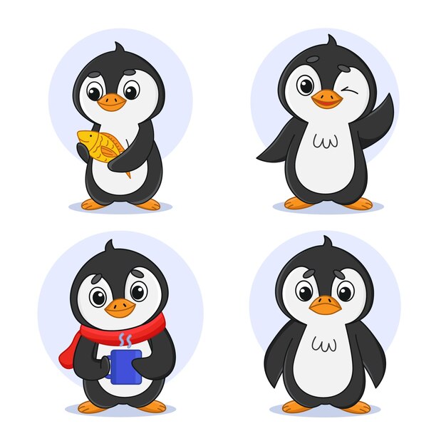 Coleção de personagens de pinguim de desenho animado acenando segurando peixe e xícara de chá