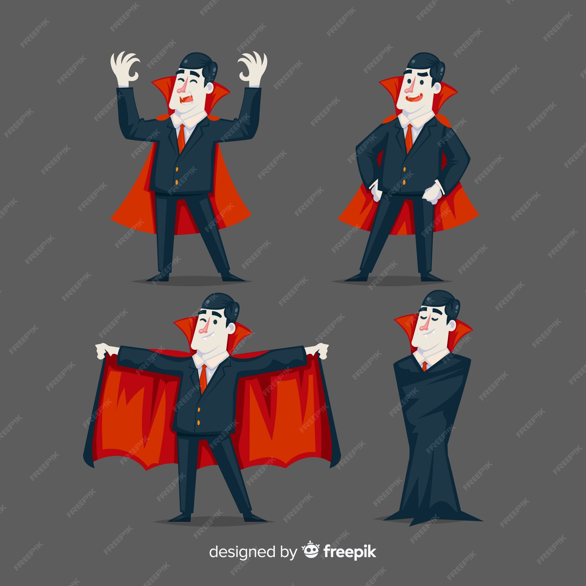 Conjunto de vetores de personagens de halloween de vampiros personagem de  drácula de vampiro masculino vestindo fantasia de halloween