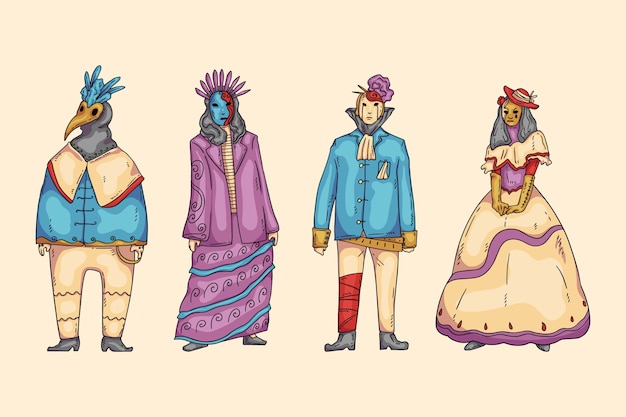 Coleção de personagens do carnaval de veneza desenhada à mão