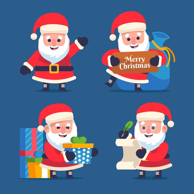 Coleção de personagens do papai noel em design plano