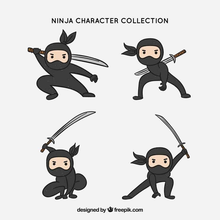 Vetor grátis coleção de personagens ninja mão desenhada original