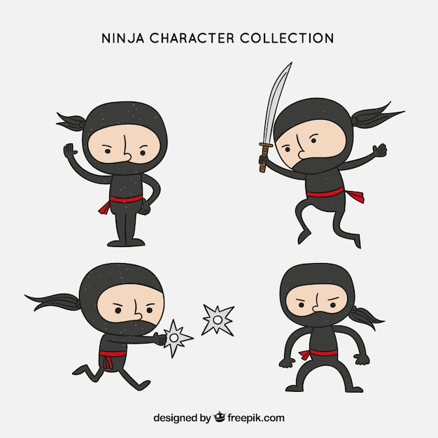 Vetor grátis coleção de personagens ninja mão desenhada original