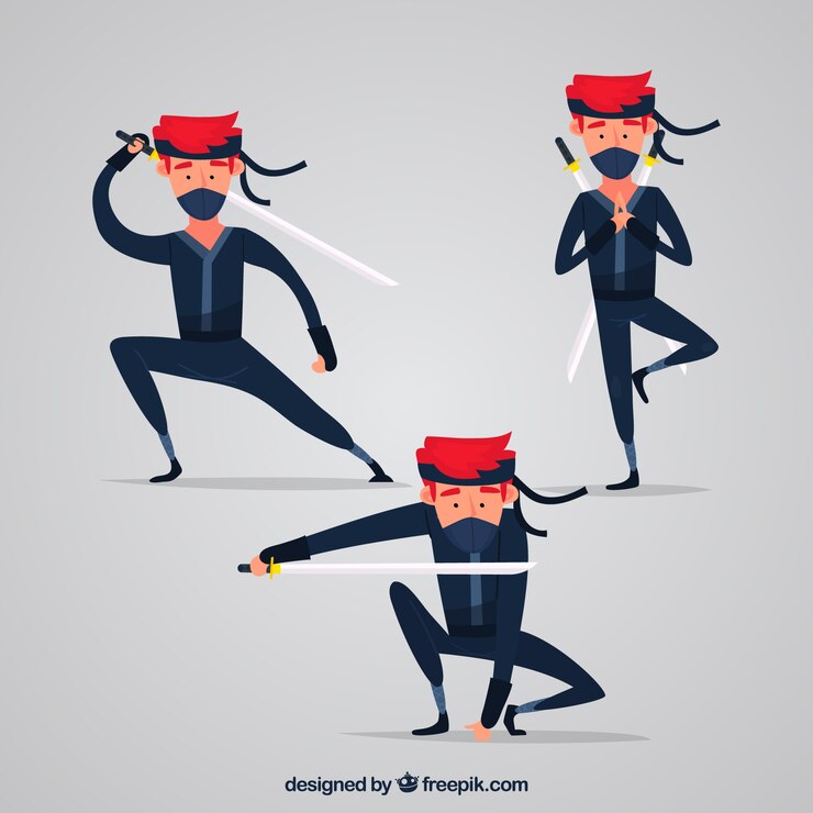 Vetor grátis coleção de personagens plana ninja em poses diferentes
