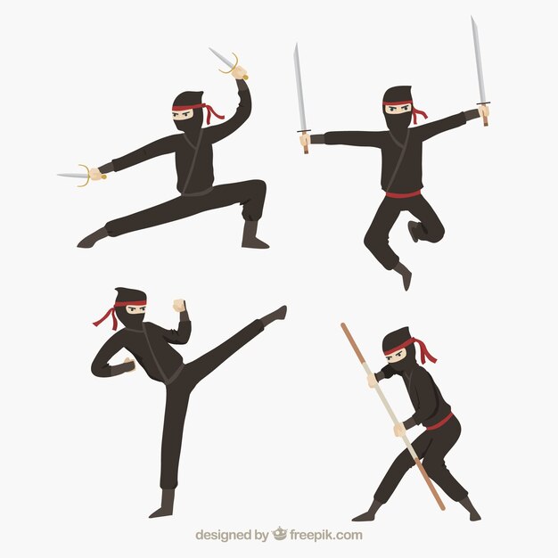 Coleção de personagens plana ninja em poses diferentes