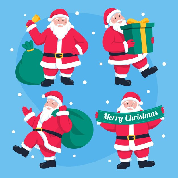 Coleção de personagens planas do Papai Noel desenhada à mão
