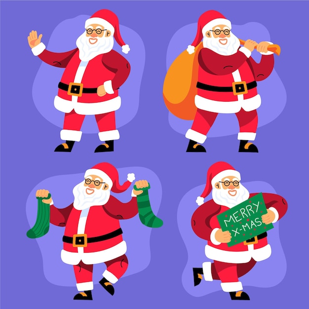 Coleção de personagens planas do Papai Noel desenhada à mão