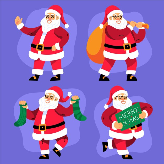 Coleção de personagens planas do Papai Noel desenhada à mão